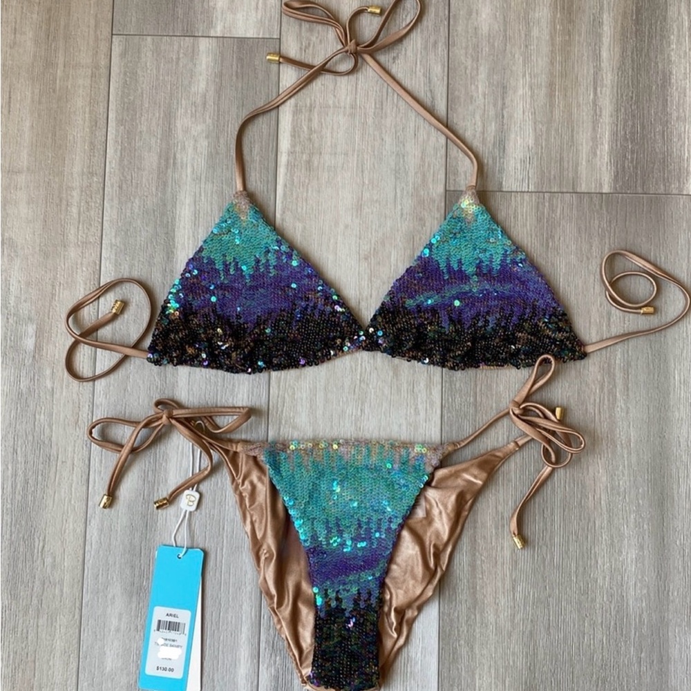 NEW Beach Bunny Ariel sequin Triangle Bikini Top and bottom in multi color ombré